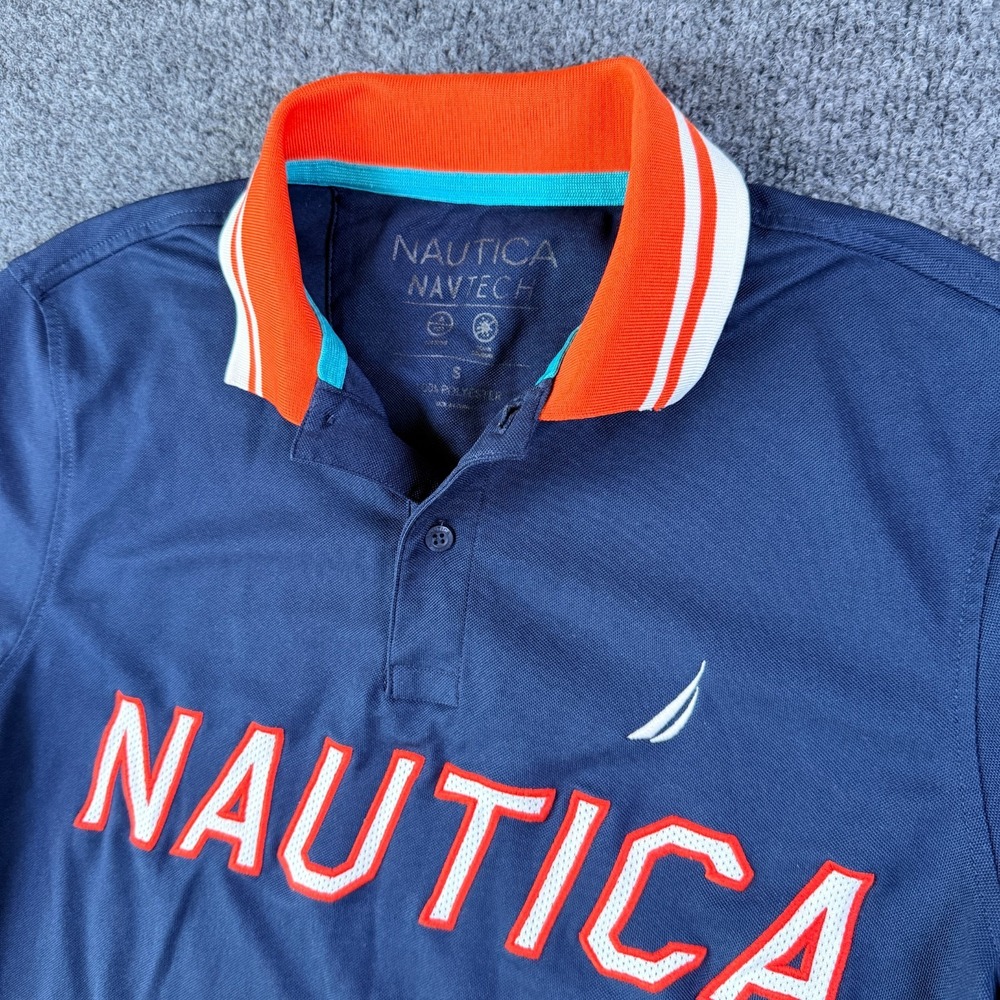 Nautica Navtech Polo Shirt Mens Small Blue Embroidered Logo Golf Tennis Sports
